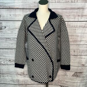 Linda Allard Ellen Tracy 100% Wool Jacket Large Notched Lapel Sweater Navy White